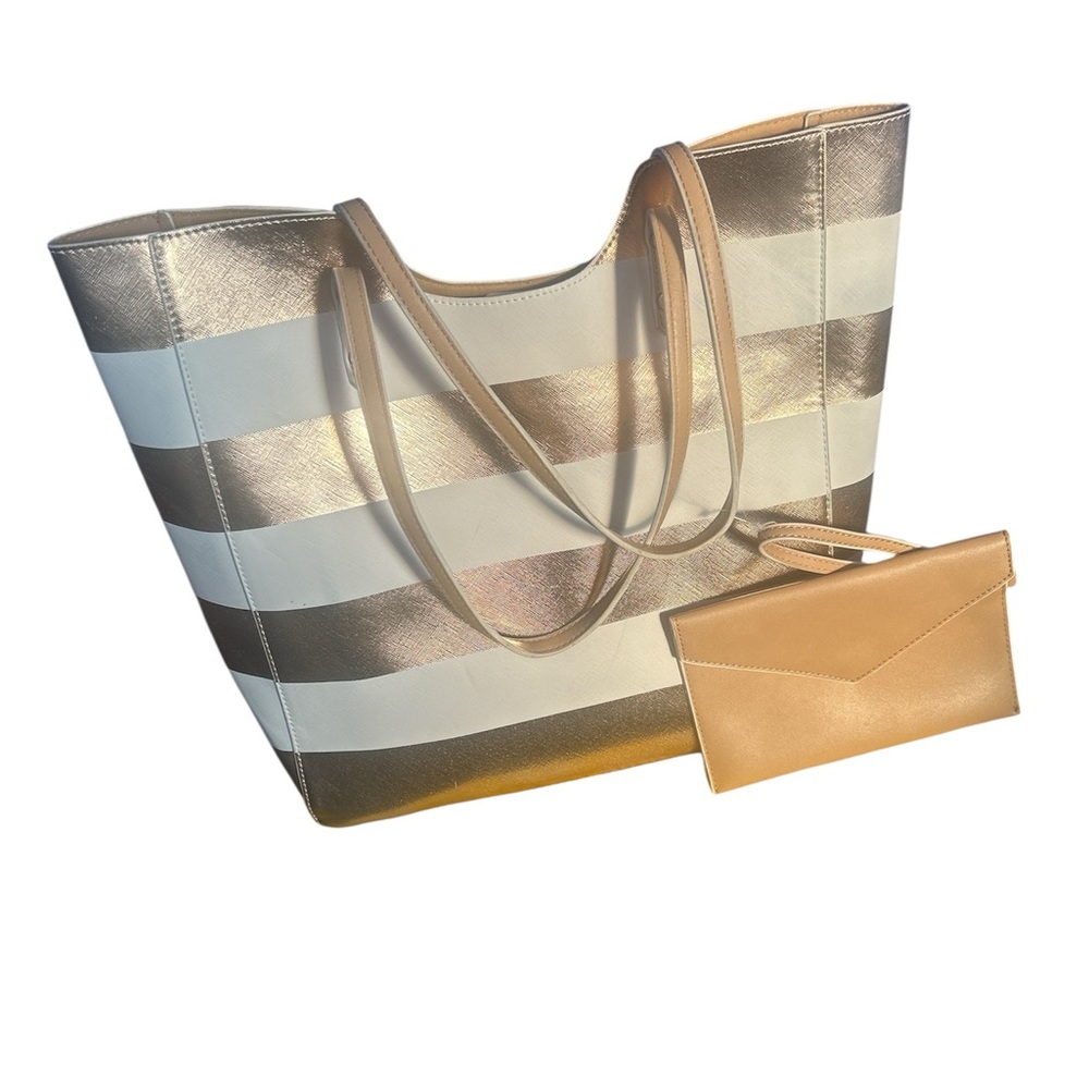 Striped Metallic and White & Gold/Copper Tote with Pouch